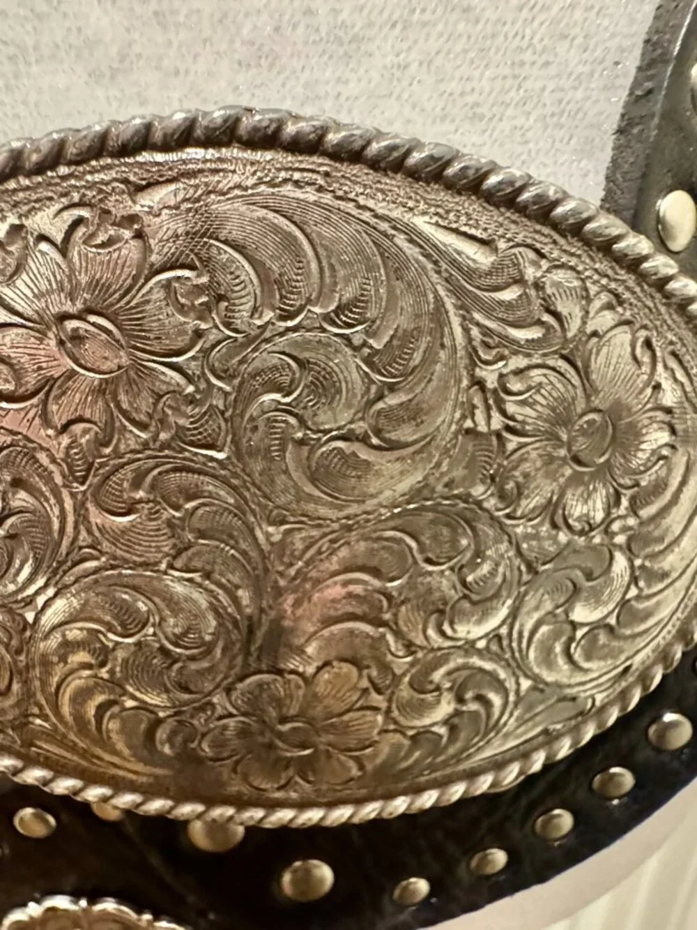80s Moroccan Leather Hip Belt / Vintage 80s Blk Leather Studded Concho Disc Belt